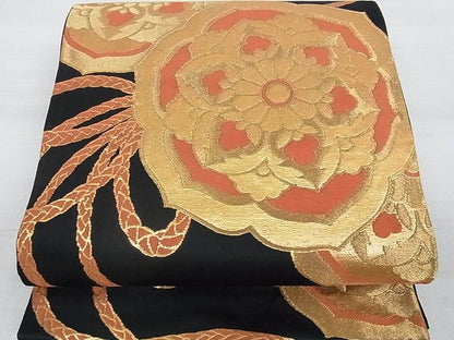 平和屋着物■六通柄袋帯 鏡裏花文 黒地 金糸 逸品 ga1745