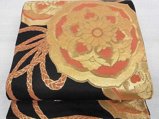 平和屋着物■六通柄袋帯 鏡裏花文 黒地 金糸 逸品 ga1745