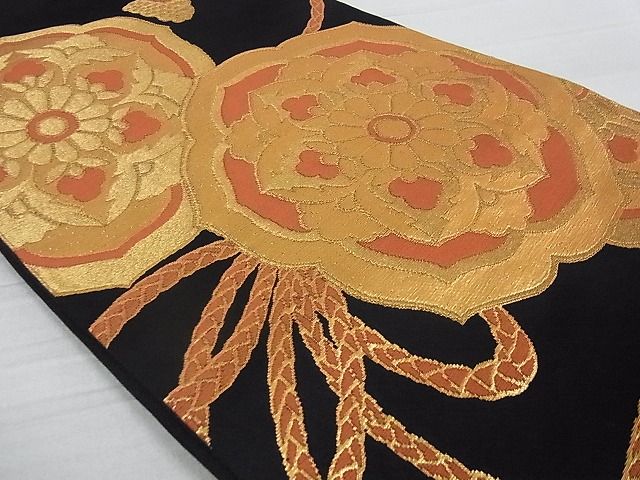 平和屋着物■六通柄袋帯 鏡裏花文 黒地 金糸 逸品 ga1745