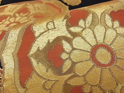 平和屋着物■六通柄袋帯 鏡裏花文 黒地 金糸 逸品 ga1745