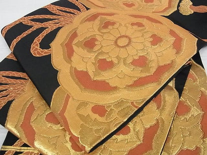 平和屋着物■六通柄袋帯 鏡裏花文 黒地 金糸 逸品 ga1745
