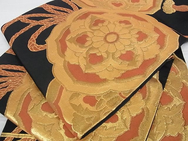 平和屋着物■六通柄袋帯 鏡裏花文 黒地 金糸 逸品 ga1745