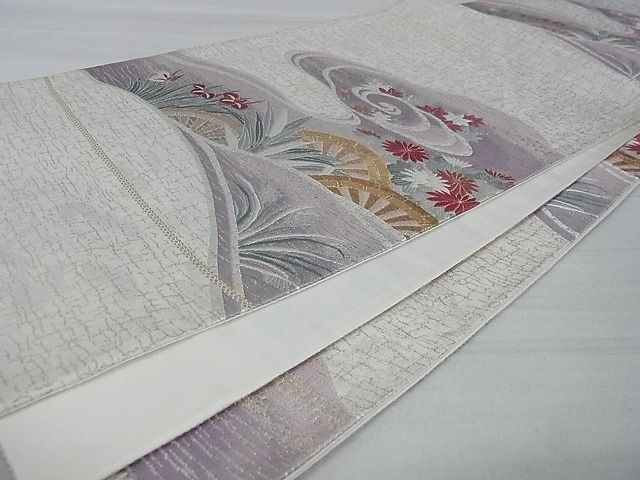 平和屋着物□六通柄袋帯 流水片輪車花文 銀糸 逸品