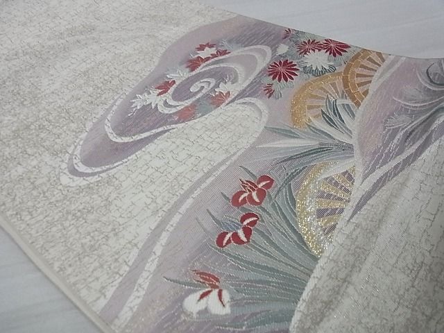 平和屋着物□六通柄袋帯 流水片輪車花文 銀糸 逸品