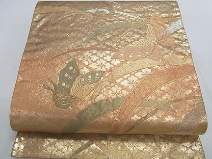 平和屋着物■六通柄袋帯 雪芝花蝶文 金糸 逸品 ga1853