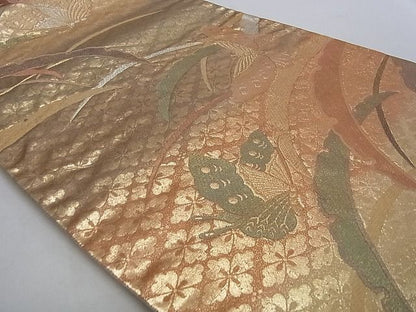 平和屋着物■六通柄袋帯 雪芝花蝶文 金糸 逸品 ga1853