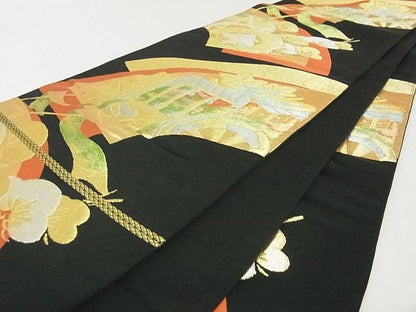 平和屋着物■六通柄袋帯 地紙御所車花文 黒地 金銀糸 逸品 ga2278