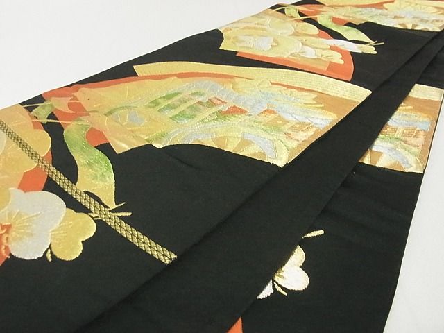 平和屋着物■六通柄袋帯 地紙御所車花文 黒地 金銀糸 逸品 ga2278