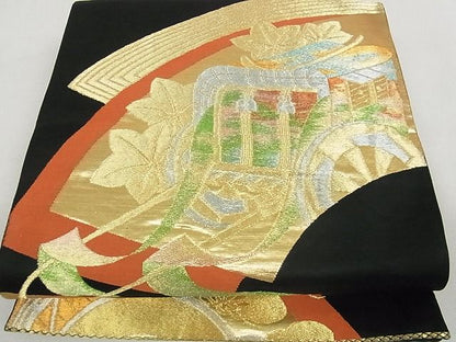 平和屋着物■六通柄袋帯 地紙御所車花文 黒地 金銀糸 逸品 ga2278