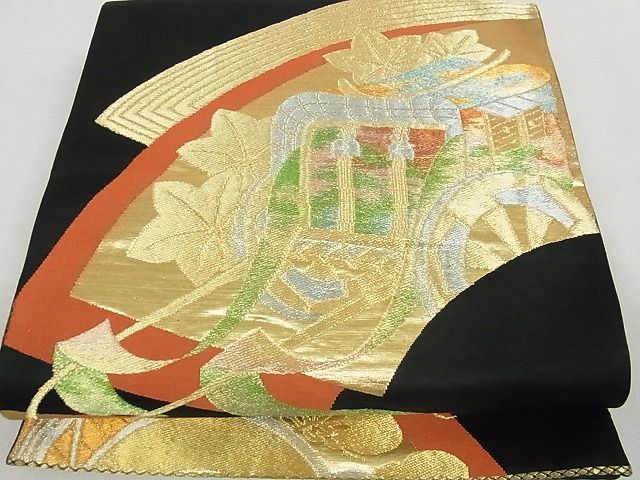 平和屋着物■六通柄袋帯 地紙御所車花文 黒地 金銀糸 逸品 ga2278