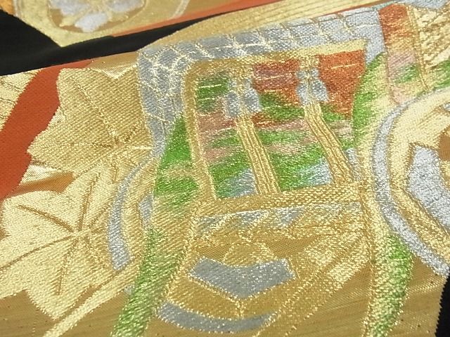 平和屋着物■六通柄袋帯 地紙御所車花文 黒地 金銀糸 逸品 ga2278