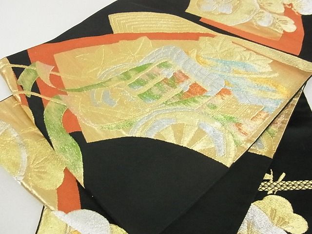 平和屋着物■六通柄袋帯 地紙御所車花文 黒地 金銀糸 逸品 ga2278
