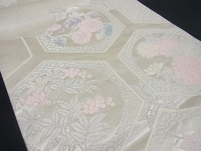 平和屋着物■六通柄袋帯 唐織 雲取り亀甲花文 銀糸 逸品 n-gh1776