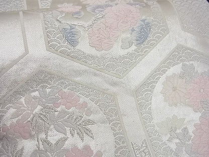 平和屋着物■六通柄袋帯 唐織 雲取り亀甲花文 銀糸 逸品 n-gh1776