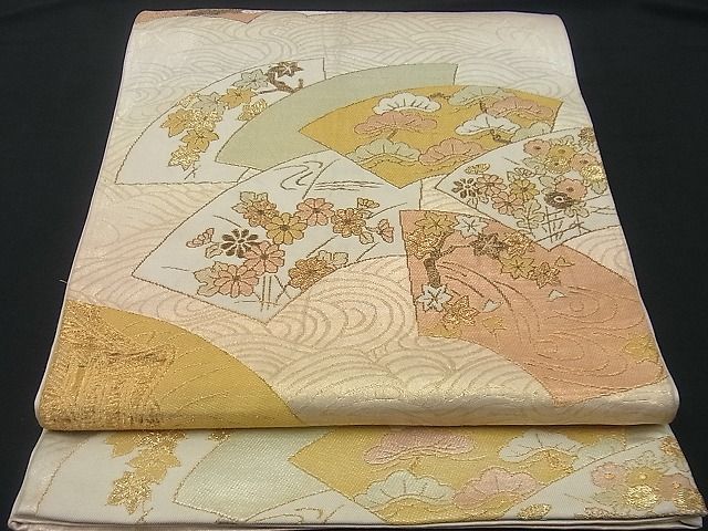 平和屋着物■六通柄袋帯 流水地紙御所車花文 金銀糸 逸品 n-gh1827