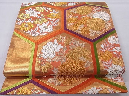平和屋着物■六通柄袋帯 唐織 亀甲繋ぎ花文 金銀糸 逸品 gh5030