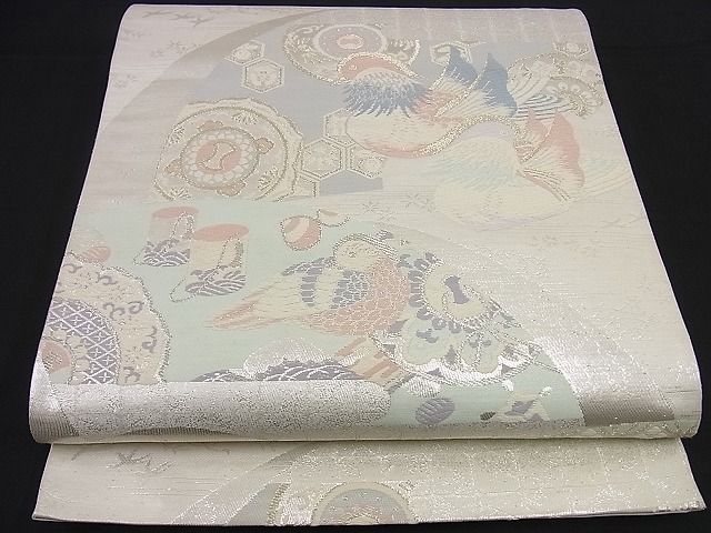 平和屋着物■六通柄袋帯 唐織 地紙鴛鴦吉祥文 銀糸 逸品 n-gt1759