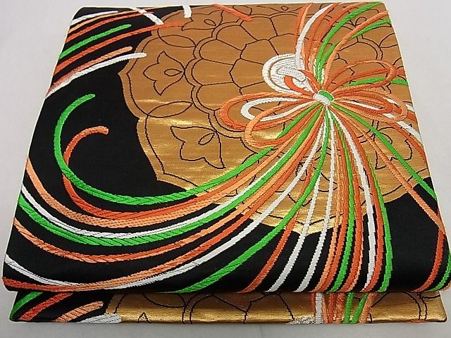 平和屋着物■六通柄袋帯 唐織 鏡裏花文 黒地 金銀糸 逸品 ha4547
