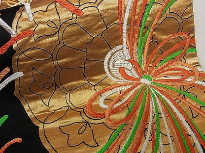 平和屋着物■六通柄袋帯 唐織 鏡裏花文 黒地 金銀糸 逸品 ha4547