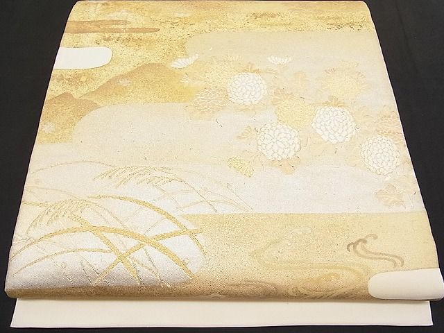 平和屋着物■太鼓柄袋帯 唐織 エ霞遠山菊文 金銀彩 逸品 n-hv1622