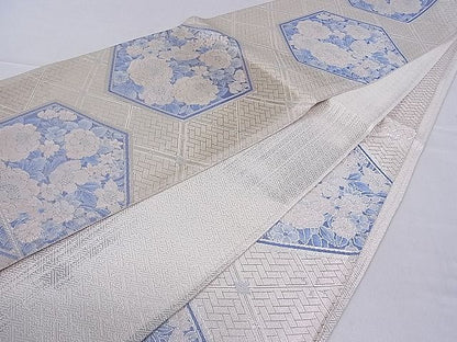 平和屋着物■佐賀錦 六通柄袋帯 亀甲花文 銀糸 逸品 hy6350