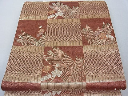 平和屋着物■六通柄袋帯 市松枝梅松葉文 金糸 逸品 hy6408