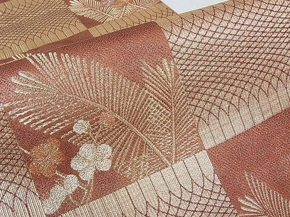 平和屋着物■六通柄袋帯 市松枝梅松葉文 金糸 逸品 hy6408
