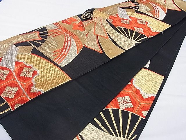 平和屋着物■六通柄袋帯 唐織 束ね熨斗扇面亀甲花文 黒地 金銀糸 逸品 hy6580