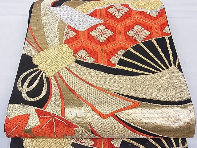 平和屋着物■六通柄袋帯 唐織 束ね熨斗扇面亀甲花文 黒地 金銀糸 逸品 hy6580