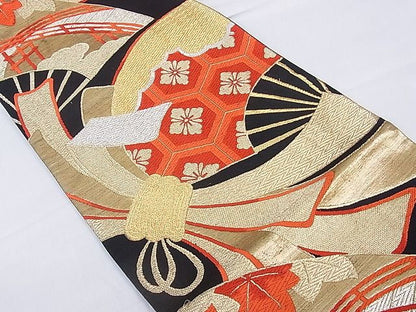 平和屋着物■六通柄袋帯 唐織 束ね熨斗扇面亀甲花文 黒地 金銀糸 逸品 hy6580