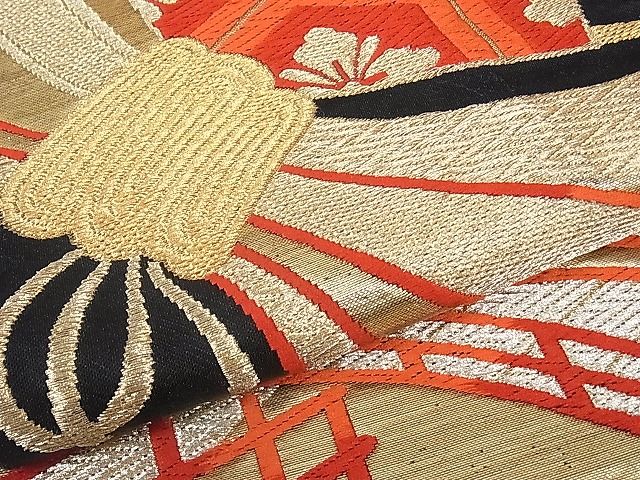 平和屋着物■六通柄袋帯 唐織 束ね熨斗扇面亀甲花文 黒地 金銀糸 逸品 hy6580