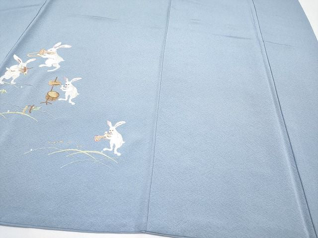 平和屋本店■極上　訪問着　総刺繍　兎　演奏　金糸　勿忘草色地　逸品　CYAA0782s4