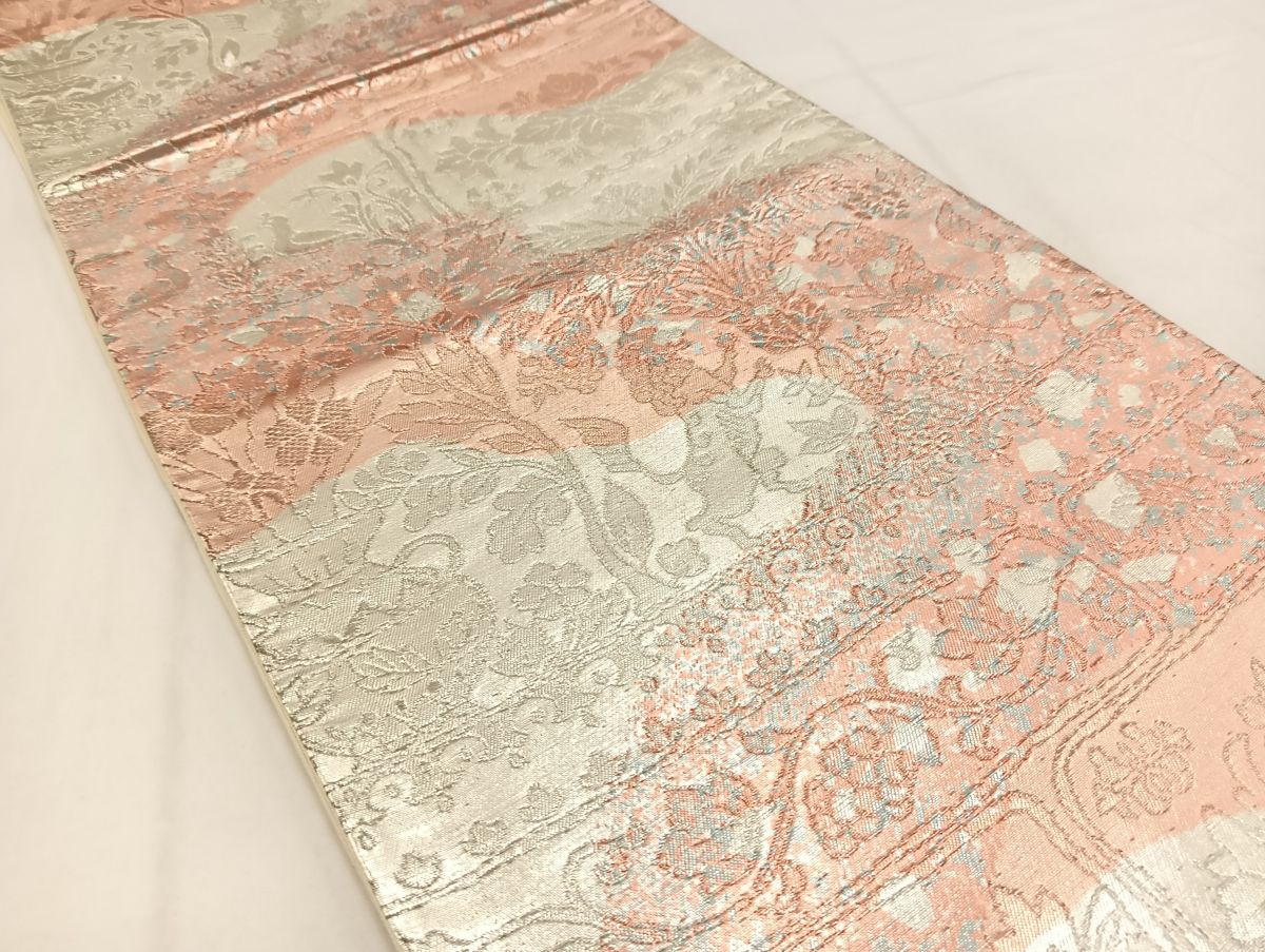 平和屋着物◎六通柄袋帯　向かい動物更紗花文　銀糸　正絹　逸品　BAAV7677yc