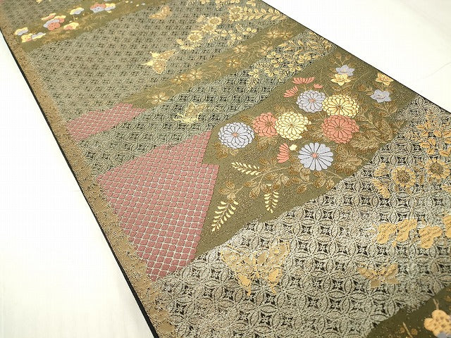 平和屋着物◎六通柄袋帯　舞蝶文　金糸　正絹　逸品　AABI1064yx 平和屋着物◎六通柄袋帯 草花舞蝶文 金糸 正絹 逸品 CABE8315oy