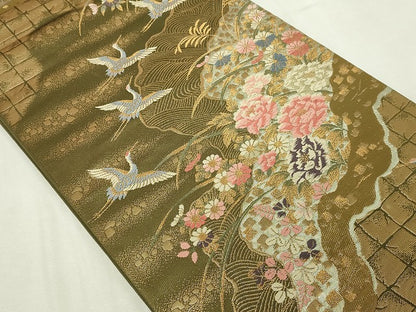 平和屋本店▼六通柄袋帯　唐織　飛鶴花文　本金箔　正絹　逸品　DABE9476sf