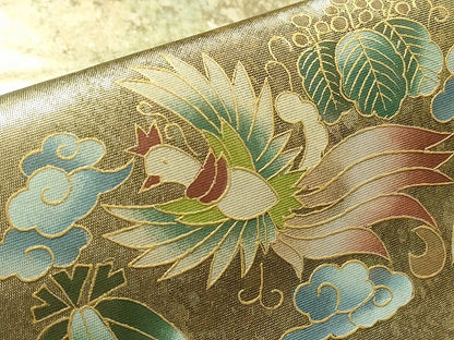 平和屋着物▼染色家　岸上純平　太鼓柄袋帯　鳳凰桐笹文　金彩　引箔　正絹　逸品　DABG0274az