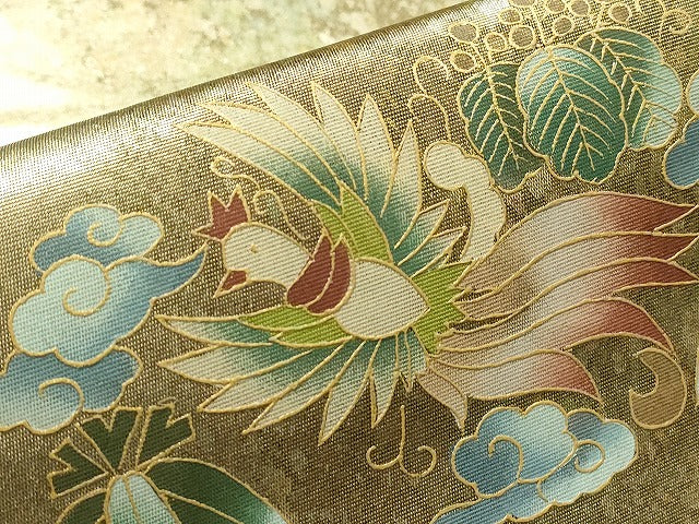 平和屋着物▼染色家　岸上純平　太鼓柄袋帯　鳳凰桐笹文　金彩　引箔　正絹　逸品　DABG0274az
