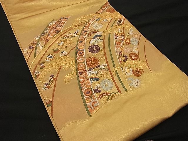 平和屋着物■六通太鼓柄袋帯 唐織 立波吉祥花文 金銀糸 逸品 n-ip0194