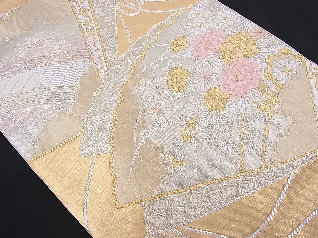 平和屋着物■六通太鼓柄袋帯 唐織 檜扇吉祥花車文 金銀糸 逸品 n-je2186