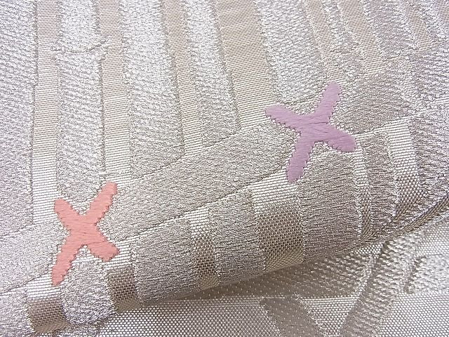 平和屋着物■六通柄袋帯 唐織 亀甲竹垣文様 銀糸 逸品 n-je2394
