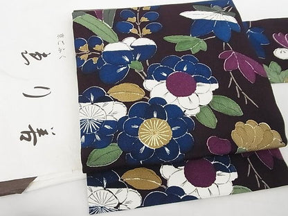 平和屋本店■極上　九寸名古屋帯　型染め　草花文　鬼しぼ縮緬　えり善扱い　たとう紙付き　正絹　逸品　KAAA10431kk4 - 平和屋