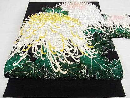 平和屋本店■超希少 東京友禅 久呂田明功 九寸名古屋帯 新糊本糸目 菊 鬼しぼ縮緬 反端付 黒地 金彩 逸品 未使用 KAAA10513kk4 - 平和屋