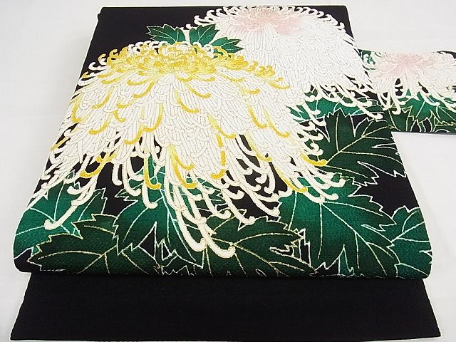 平和屋本店■超希少 東京友禅 久呂田明功 九寸名古屋帯 新糊本糸目 菊 鬼しぼ縮緬 反端付 黒地 金彩 逸品 未使用 KAAA10513kk4 - 平和屋