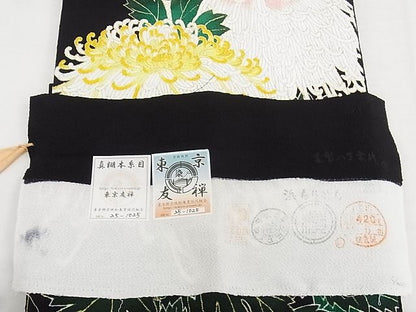平和屋本店■超希少 東京友禅 久呂田明功 九寸名古屋帯 新糊本糸目 菊 鬼しぼ縮緬 反端付 黒地 金彩 逸品 未使用 KAAA10513kk4 - 平和屋