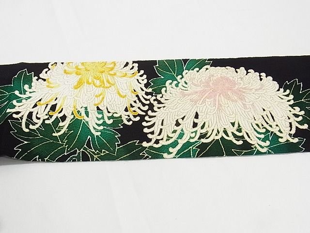 平和屋本店■超希少 東京友禅 久呂田明功 九寸名古屋帯 新糊本糸目 菊 鬼しぼ縮緬 反端付 黒地 金彩 逸品 未使用 KAAA10513kk4 - 平和屋