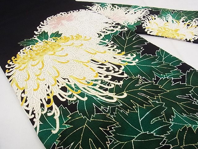 平和屋本店■超希少 東京友禅 久呂田明功 九寸名古屋帯 新糊本糸目 菊 鬼しぼ縮緬 反端付 黒地 金彩 逸品 未使用 KAAA10513kk4 - 平和屋