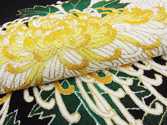 平和屋本店■超希少 東京友禅 久呂田明功 九寸名古屋帯 新糊本糸目 菊 鬼しぼ縮緬 反端付 黒地 金彩 逸品 未使用 KAAA10513kk4 - 平和屋