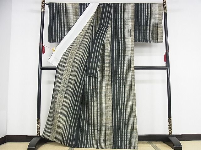 平和屋本店■極上　生紬　単衣　総絞り　縞　正絹　逸品　KAAA1227kk4 - 平和屋
