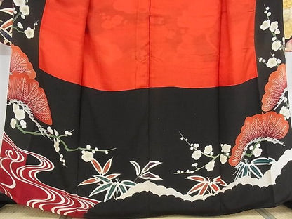 平和屋本店■極上　アンティーク　大正ロマン　振袖　刺繍　松竹梅飛鶴花文　金彩　正絹　逸品　KAAA1299kk4 - 平和屋