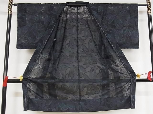平和屋本店■極上　長羽織　スリーシーズン　春夏秋　塵除け　草花紋紗　黒地　正絹　逸品　未使用　KAAA1425kk4 - 平和屋